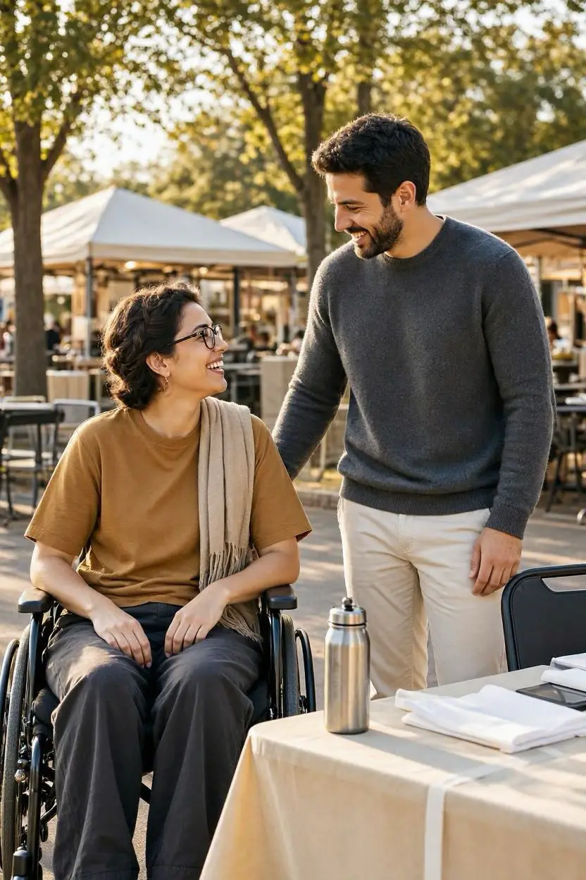 Man and Woman at an Outdoor Event, one is in a wheelchair Man and Woman at an Outdoor Event, one is in a wheelchair